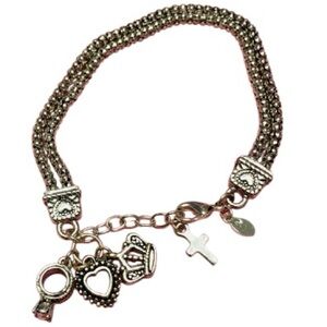 Bracelet Silvertone Premier Designs Signed Ring w/gem Crown Cross Heart Charm